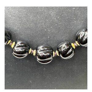 Vintage Black Onyx Gemstone Necklace Graduated Gold Tone Accent Beads 30" Long